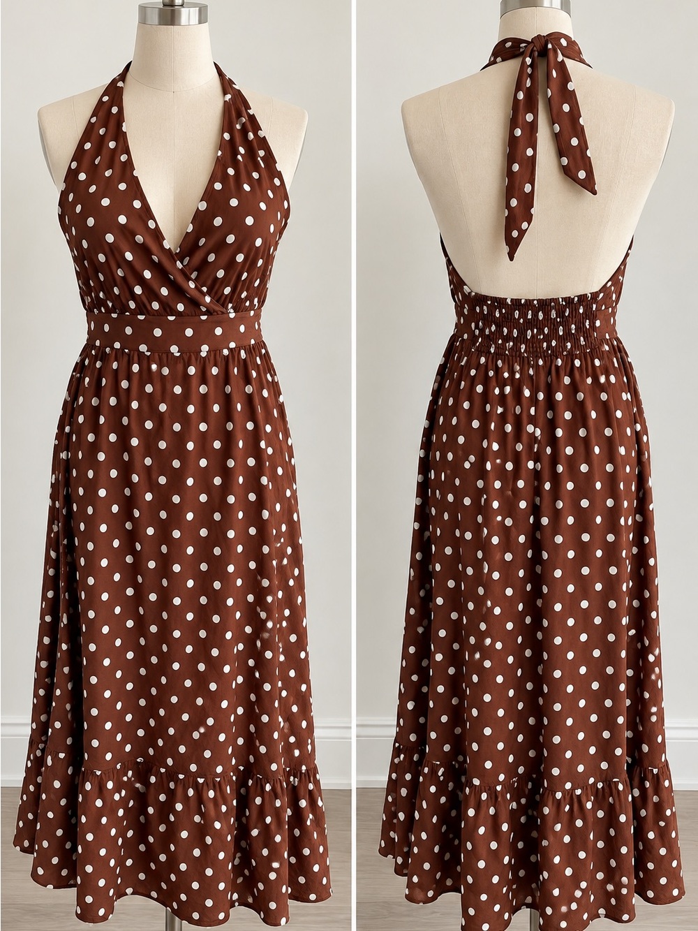 Cynthia Rowley Brown Polka Dot Halter Dress NWT US 14